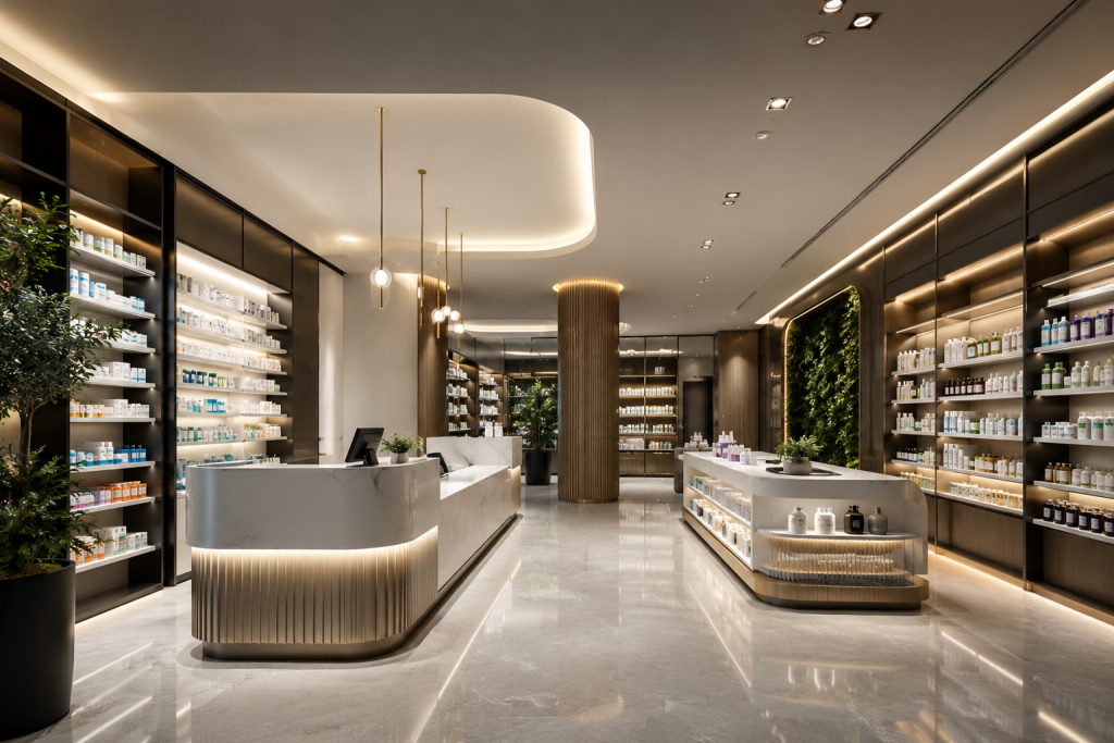 Modern pharmacy interior design with premium lighting and professional shelving by Decopham