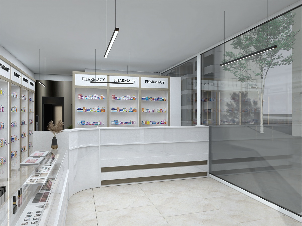 Modern completed pharmacy interior after renovation and professional execution by Decopham