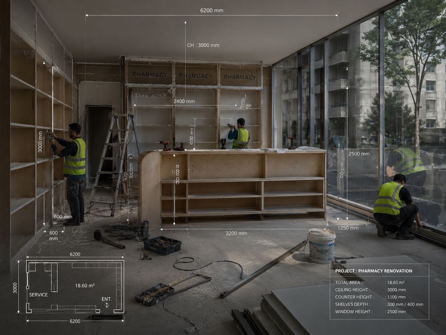 Pharmacy interior under renovation with workers, tools and blueprint overlay before final execution by Decopham