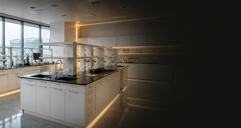 طراحی و اجرای سکوبندی آزمایشگاهی مدرن با کابینت‌های تخصصی و میزهای آزمایشگاهی توسط دکوفام