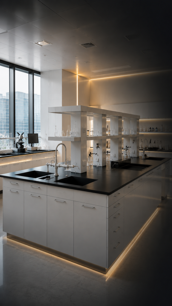 نمای مدرن سکوبندی آزمایشگاهی شامل میزهای مرکزی، کابینت‌های تخصصی و متریال مقاوم در فضای آزمایشگاهی حرفه‌ای